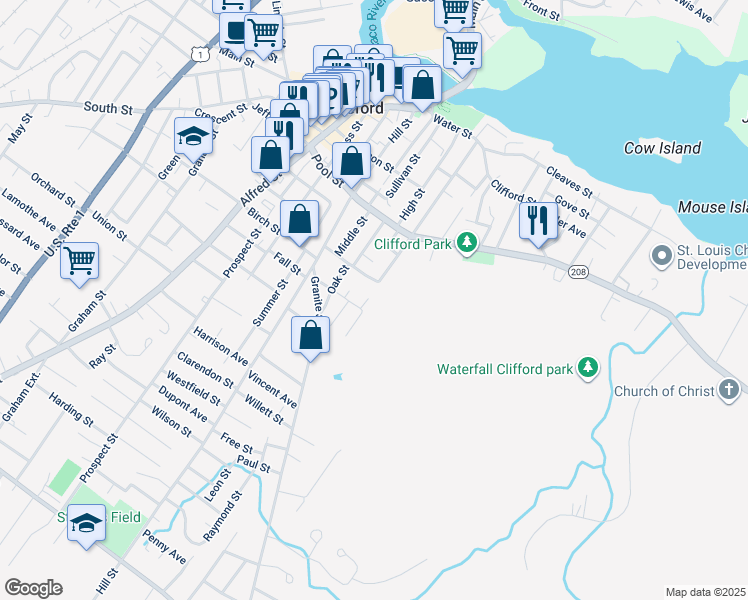 map of restaurants, bars, coffee shops, grocery stores, and more near 5 Ivy Street in Biddeford