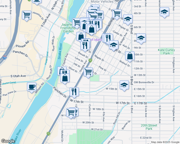 map of restaurants, bars, coffee shops, grocery stores, and more near 455 South Eastern Avenue in Idaho Falls