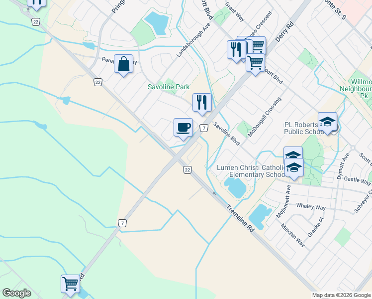 map of restaurants, bars, coffee shops, grocery stores, and more near 17 Derry Road in Milton