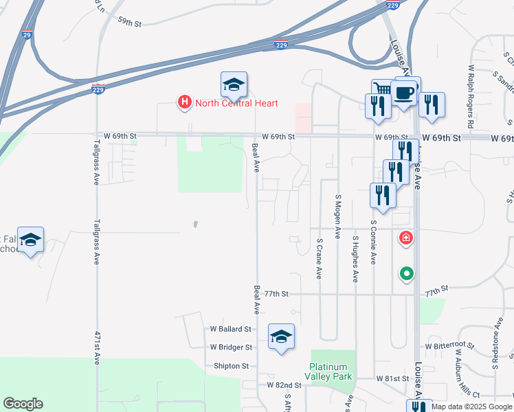map of restaurants, bars, coffee shops, grocery stores, and more near 6524 Beal Avenue in Sioux Falls