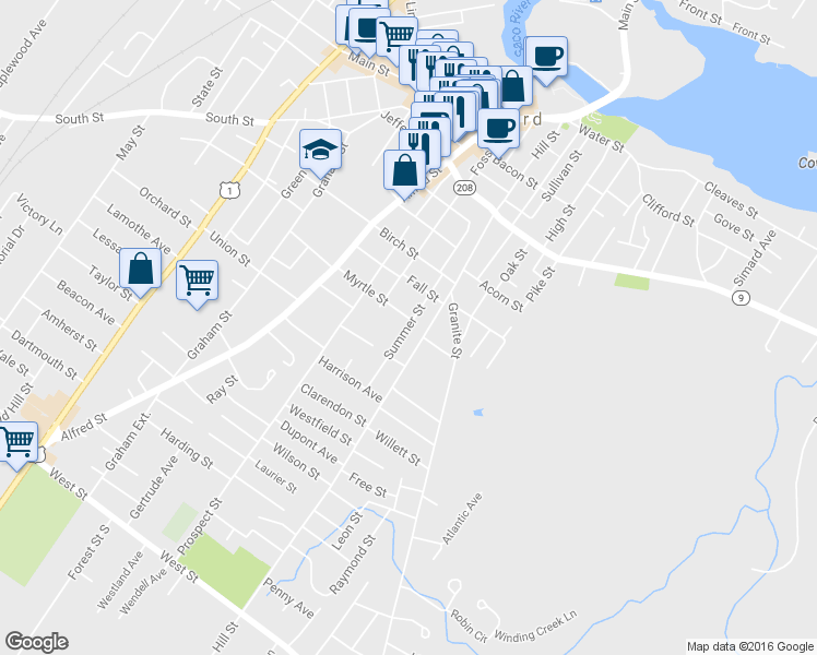 map of restaurants, bars, coffee shops, grocery stores, and more near 125 Summer Street in Biddeford