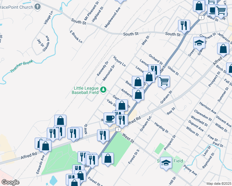 map of restaurants, bars, coffee shops, grocery stores, and more near 5 Rugby Street in Biddeford
