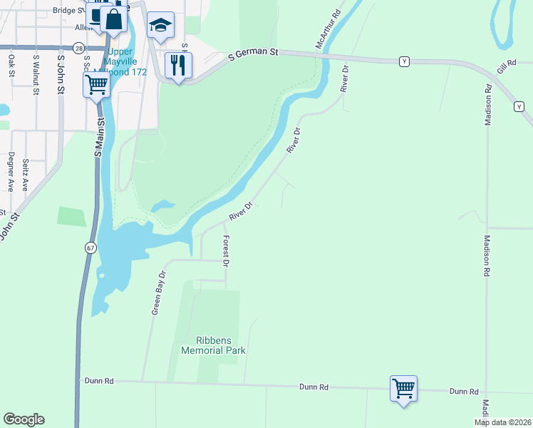 map of restaurants, bars, coffee shops, grocery stores, and more near 611 Wood Ct in Mayville
