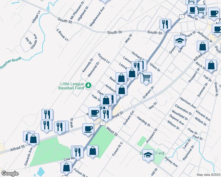 map of restaurants, bars, coffee shops, grocery stores, and more near 25 Amherst Street in Biddeford