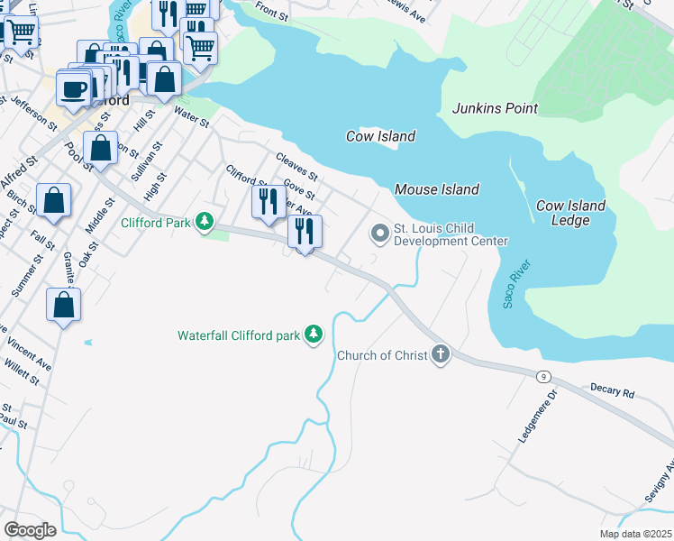 map of restaurants, bars, coffee shops, grocery stores, and more near 224 Pool Street in Biddeford