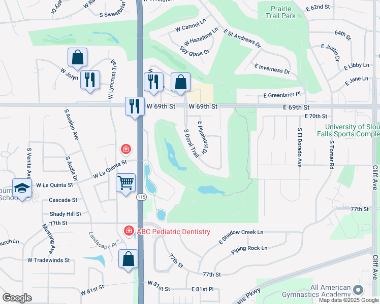 map of restaurants, bars, coffee shops, grocery stores, and more near S Doral Trail in Sioux Falls