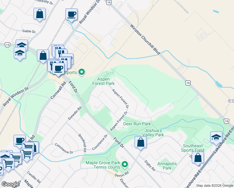 map of restaurants, bars, coffee shops, grocery stores, and more near 420 Aspen Forest Drive in Oakville