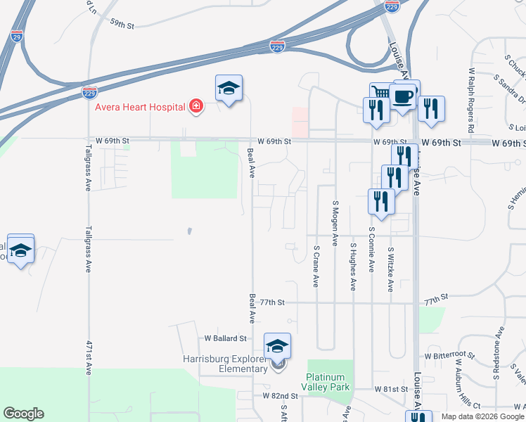 map of restaurants, bars, coffee shops, grocery stores, and more near 6524 Beal Avenue in Sioux Falls