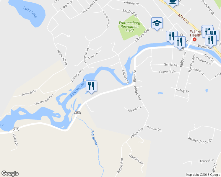 map of restaurants, bars, coffee shops, grocery stores, and more near 240 River Street in Warrensburg