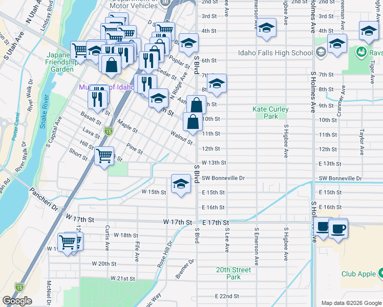 map of restaurants, bars, coffee shops, grocery stores, and more near 1267 South Boulevard in Idaho Falls