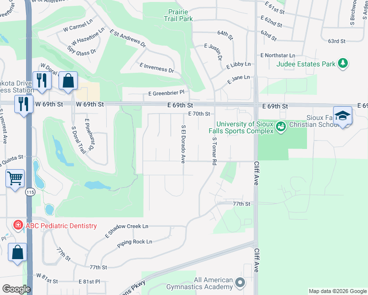 map of restaurants, bars, coffee shops, grocery stores, and more near 6400 South El Dorado Avenue in Sioux Falls
