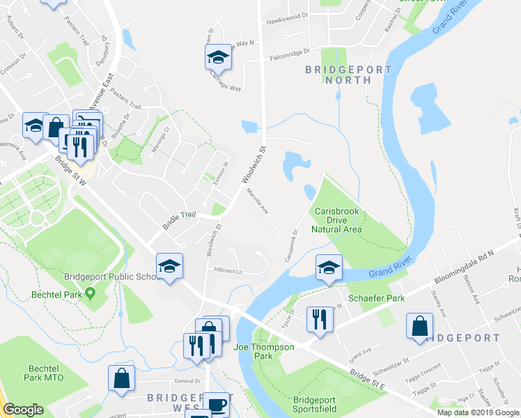 map of restaurants, bars, coffee shops, grocery stores, and more near 19 Macville Avenue in Kitchener