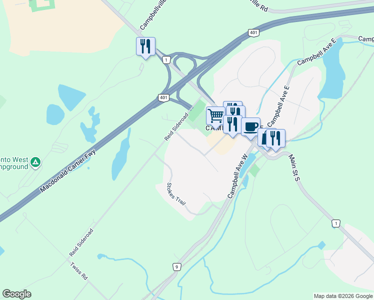 map of restaurants, bars, coffee shops, grocery stores, and more near 130 Crawford Crescent in Milton