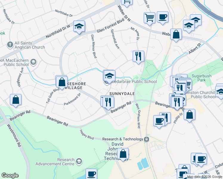 map of restaurants, bars, coffee shops, grocery stores, and more near 235 Cedarbrae Avenue in Waterloo
