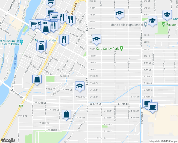 map of restaurants, bars, coffee shops, grocery stores, and more near 1267 South Boulevard in Idaho Falls
