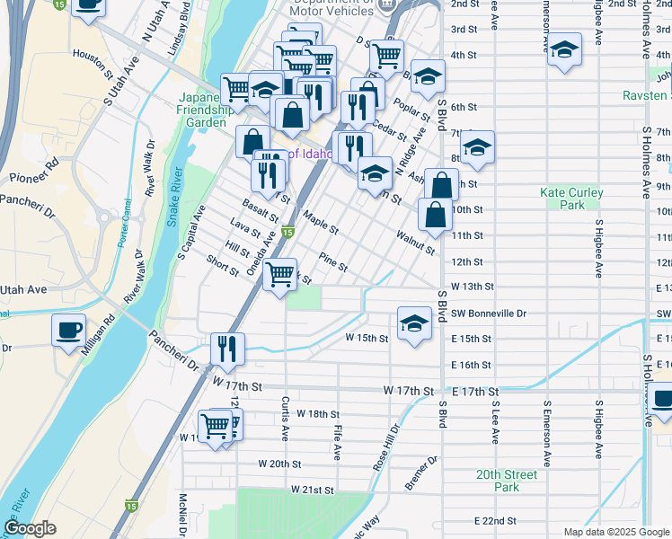 map of restaurants, bars, coffee shops, grocery stores, and more near 309 South Ridge Avenue in Idaho Falls