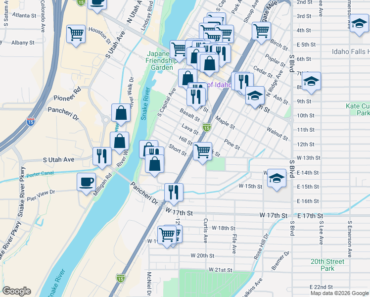 map of restaurants, bars, coffee shops, grocery stores, and more near 570 South Yellowstone Avenue in Idaho Falls