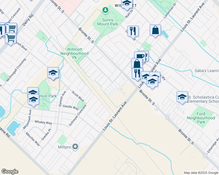 map of restaurants, bars, coffee shops, grocery stores, and more near 1000 Asleton Boulevard in Milton