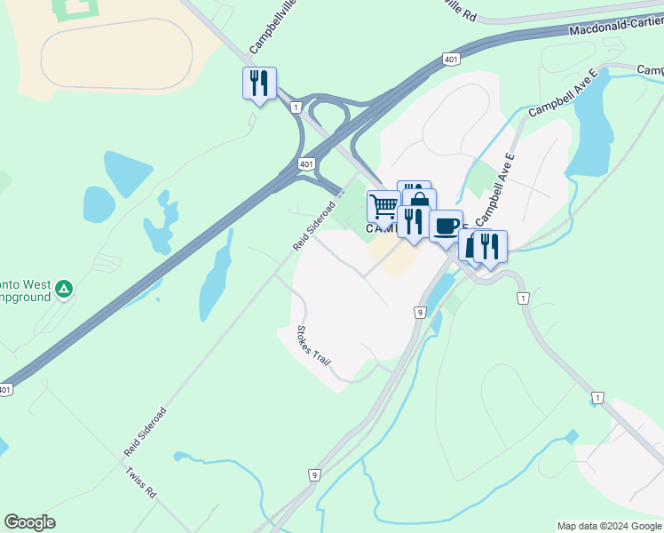 map of restaurants, bars, coffee shops, grocery stores, and more near 130 Crawford Crescent in Milton