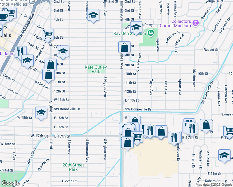 map of restaurants, bars, coffee shops, grocery stores, and more near 461-469 East 13th Street in Idaho Falls