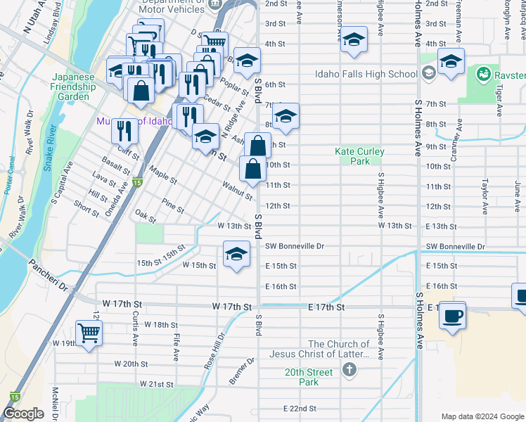 map of restaurants, bars, coffee shops, grocery stores, and more near 1267 South Boulevard in Idaho Falls