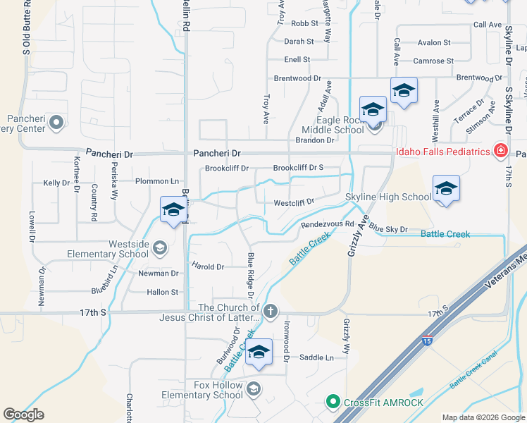 map of restaurants, bars, coffee shops, grocery stores, and more near 2353 Westcliff Drive in Idaho Falls