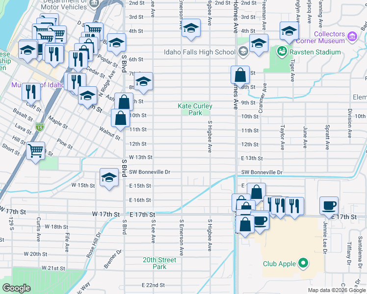 map of restaurants, bars, coffee shops, grocery stores, and more near 295 East 13th Street in Idaho Falls