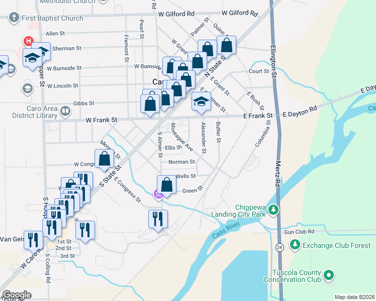 map of restaurants, bars, coffee shops, grocery stores, and more near 326 Montague Avenue in Caro