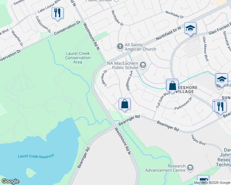 map of restaurants, bars, coffee shops, grocery stores, and more near 330 Daleview Place in Waterloo