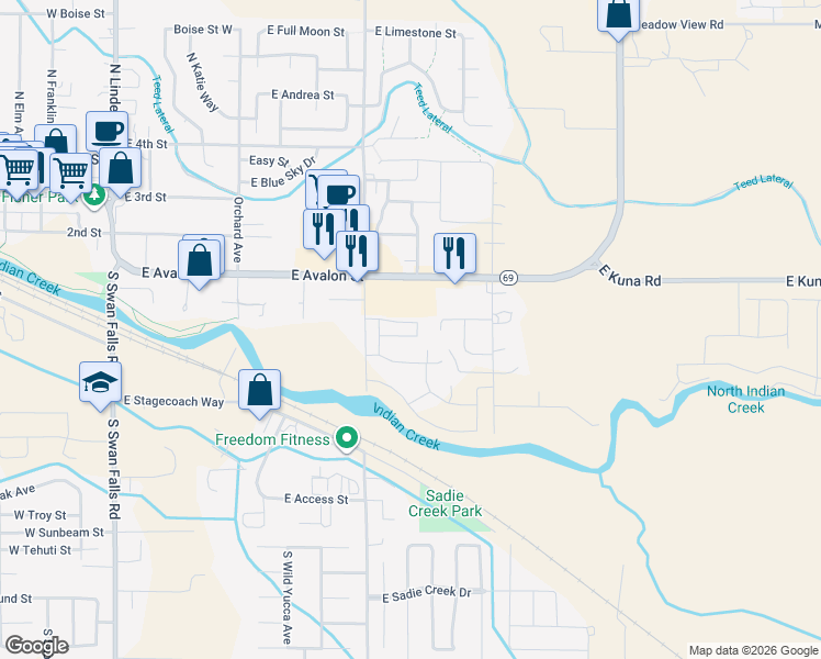 map of restaurants, bars, coffee shops, grocery stores, and more near 931 East Wandering Lane in Kuna