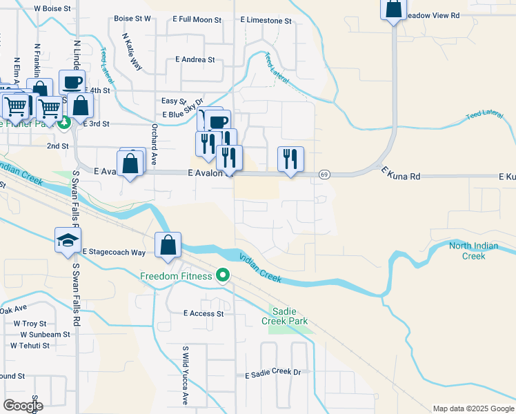map of restaurants, bars, coffee shops, grocery stores, and more near 835 East Wandering Lane in Kuna