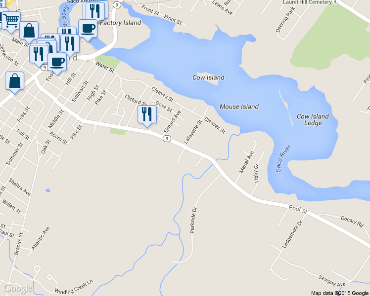map of restaurants, bars, coffee shops, grocery stores, and more near 5 Trix Lane in Biddeford