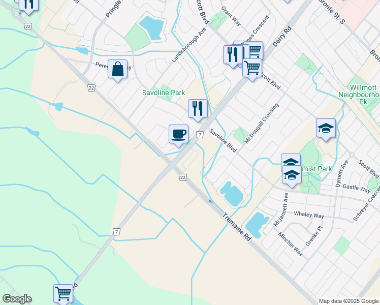 map of restaurants, bars, coffee shops, grocery stores, and more near 6020 Derry Road in Milton