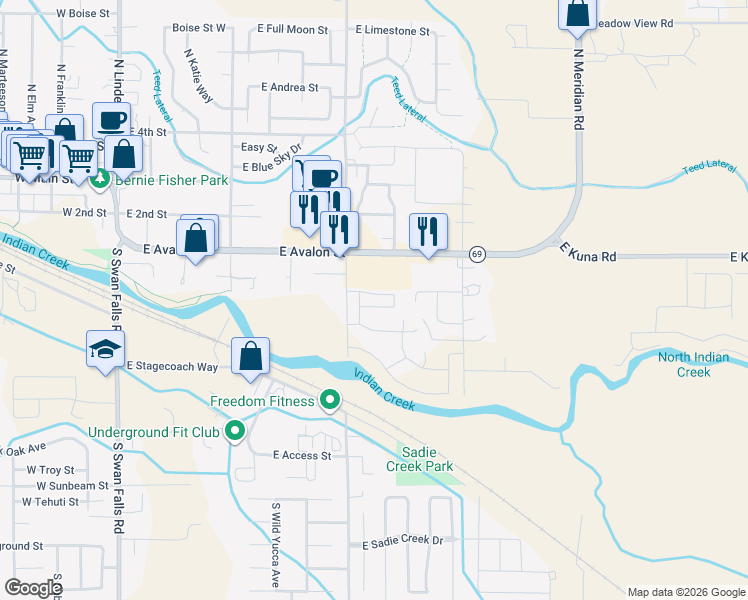 map of restaurants, bars, coffee shops, grocery stores, and more near 835 East Wandering Lane in Kuna