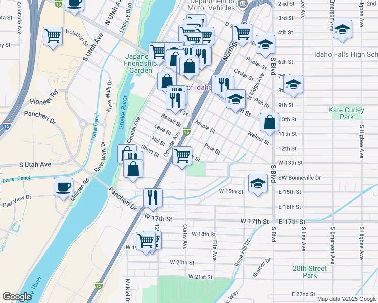 map of restaurants, bars, coffee shops, grocery stores, and more near 455 South Eastern Avenue in Idaho Falls
