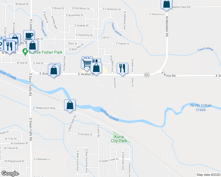 map of restaurants, bars, coffee shops, grocery stores, and more near 965 East Travel Lane in Kuna