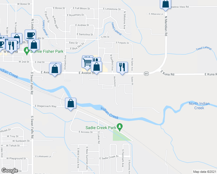 map of restaurants, bars, coffee shops, grocery stores, and more near 835 East Wandering Lane in Kuna