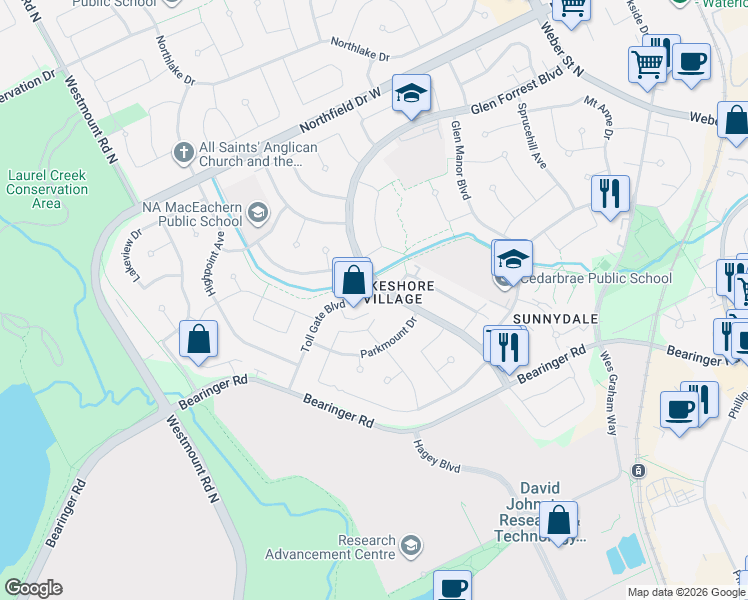 map of restaurants, bars, coffee shops, grocery stores, and more near 561 Glen Forrest Boulevard in Waterloo
