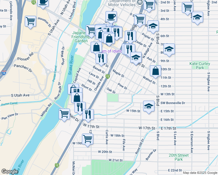 map of restaurants, bars, coffee shops, grocery stores, and more near 455 South Eastern Avenue in Idaho Falls