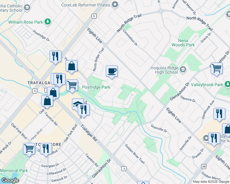 map of restaurants, bars, coffee shops, grocery stores, and more near 465 Pondview Place in Oakville