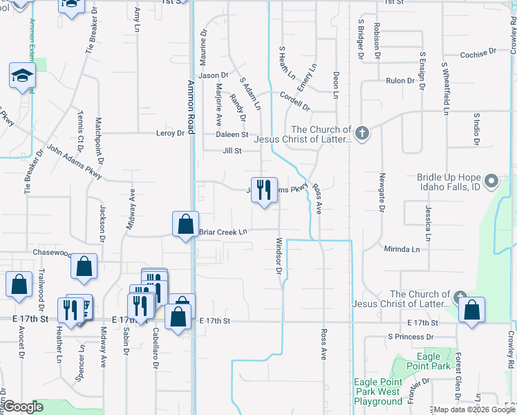 map of restaurants, bars, coffee shops, grocery stores, and more near 1177 Kingswood Circle in Ammon