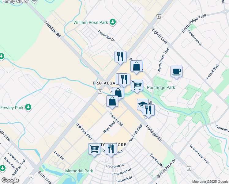 map of restaurants, bars, coffee shops, grocery stores, and more near Trafalgar Road in Oakville