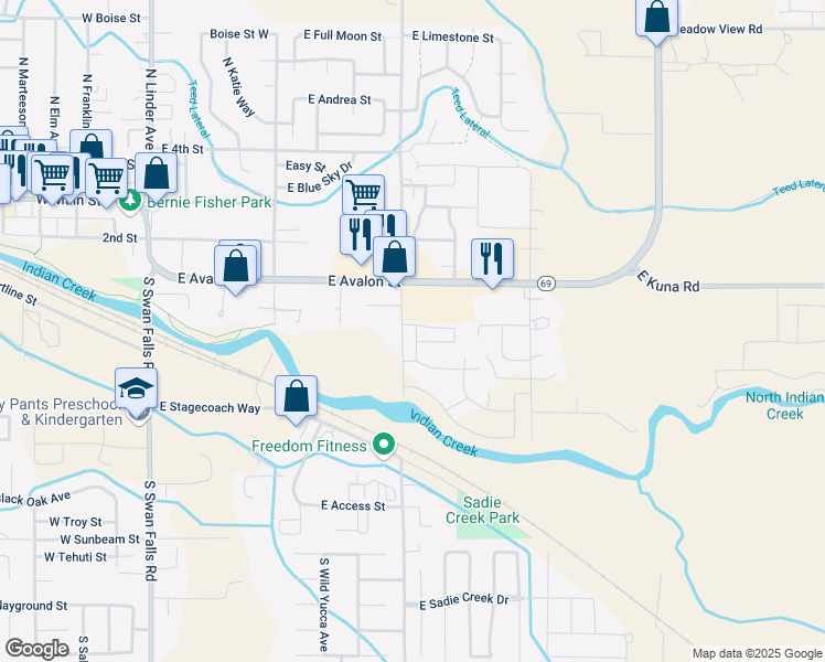 map of restaurants, bars, coffee shops, grocery stores, and more near 835 East Wandering Lane in Kuna