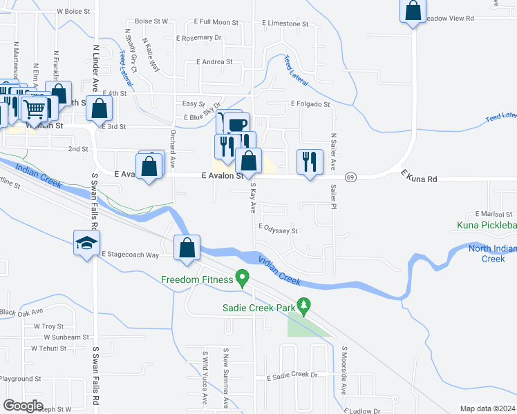 map of restaurants, bars, coffee shops, grocery stores, and more near 835 East Wandering Lane in Kuna