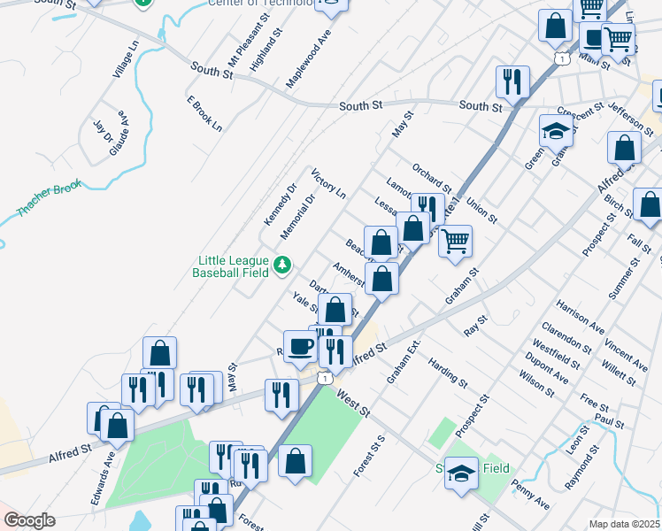 map of restaurants, bars, coffee shops, grocery stores, and more near 5 Rugby Street in Biddeford