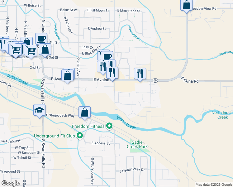 map of restaurants, bars, coffee shops, grocery stores, and more near 835 East Wandering Lane in Kuna
