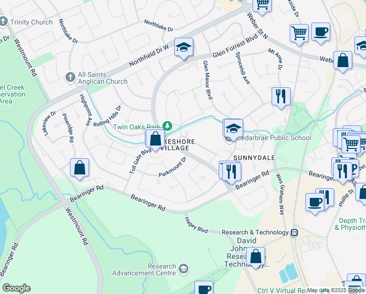 map of restaurants, bars, coffee shops, grocery stores, and more near 560 Glen Forrest Boulevard in Waterloo