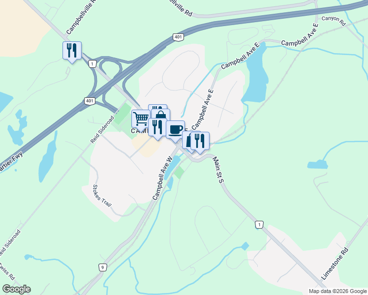 map of restaurants, bars, coffee shops, grocery stores, and more near 11 Main Street South in Milton