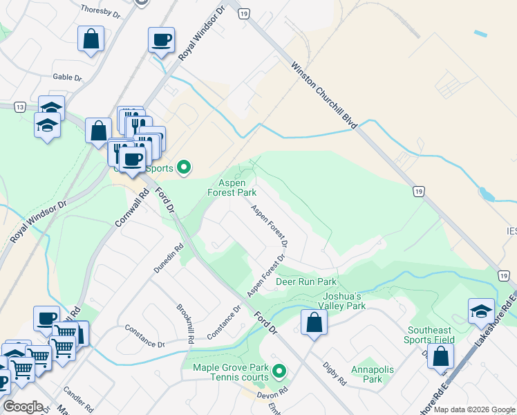 map of restaurants, bars, coffee shops, grocery stores, and more near 420 Aspen Forest Drive in Oakville