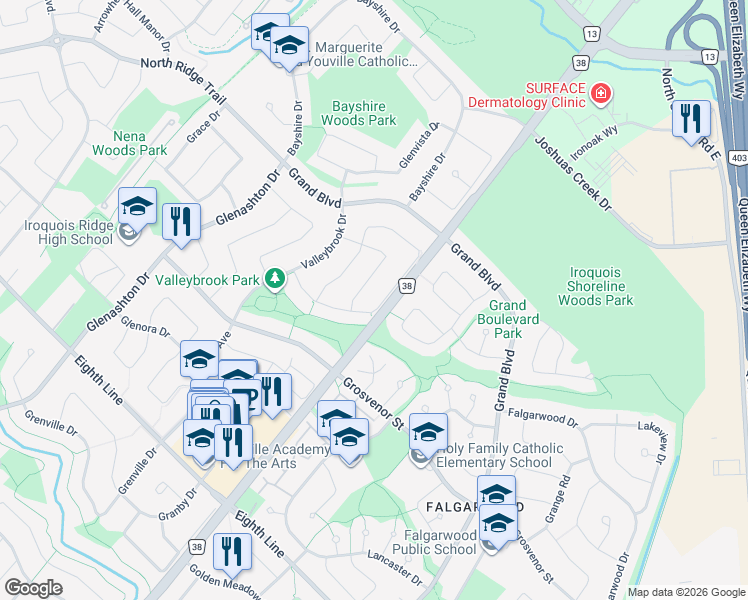 map of restaurants, bars, coffee shops, grocery stores, and more near 1201 Creekside Drive in Oakville
